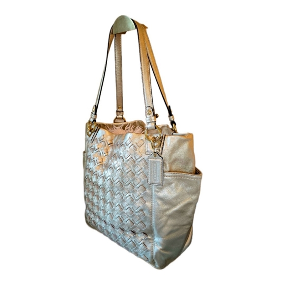 Coach North South Gold Metallic Woven Leather Tote Bag - Picture 4 of 7
